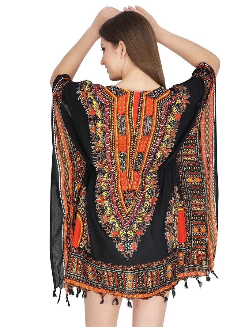 Ukal Women's Polyester and Girl's Short Dashiki Print Kaftan Dress Beach Wear Kimono Nighty (X-Large, Orange) - Image 5