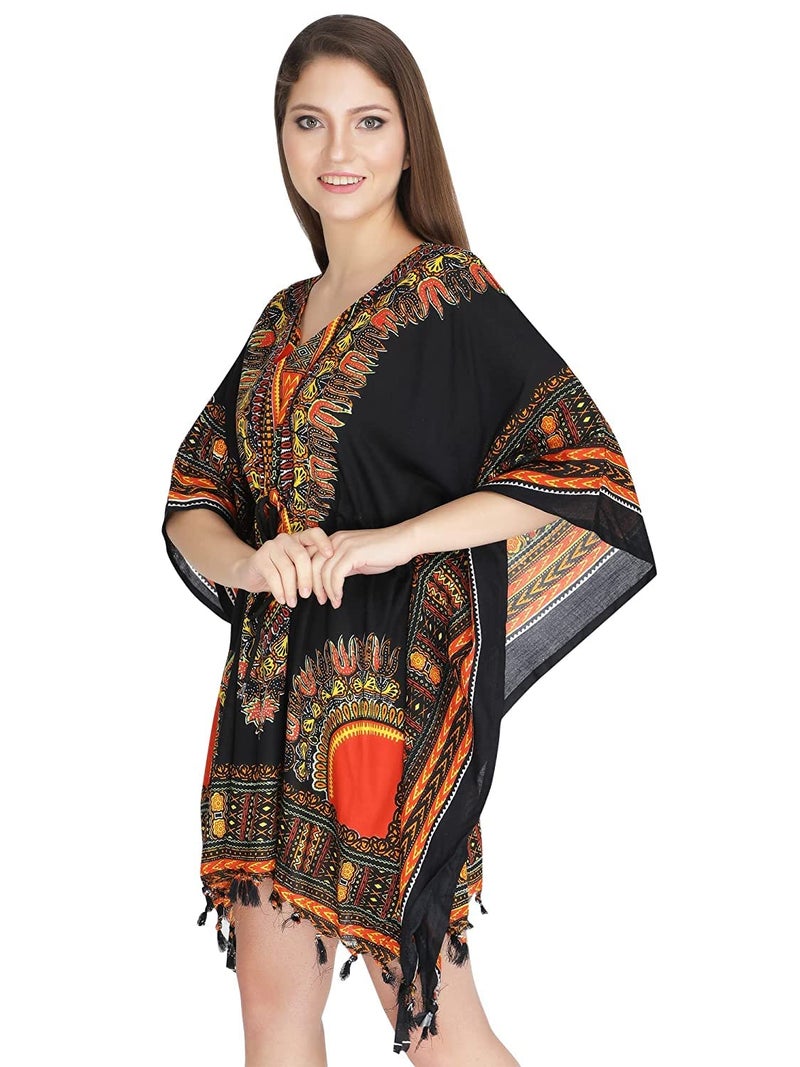 Ukal Women's Polyester and Girl's Short Dashiki Print Kaftan Dress Beach Wear Kimono Nighty (X-Large, Orange) - Image 3