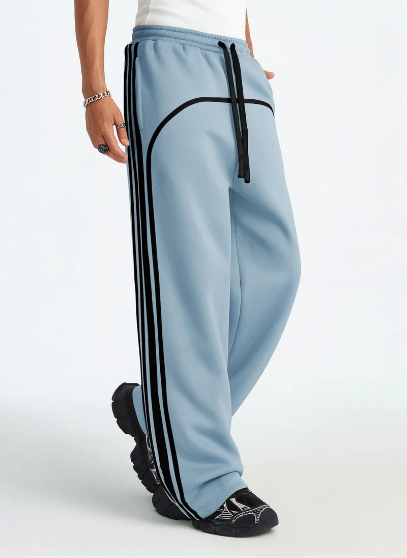 Maniac Mens Side Stripe Light Grey and Black Cotton Baggy Fit Trackpant