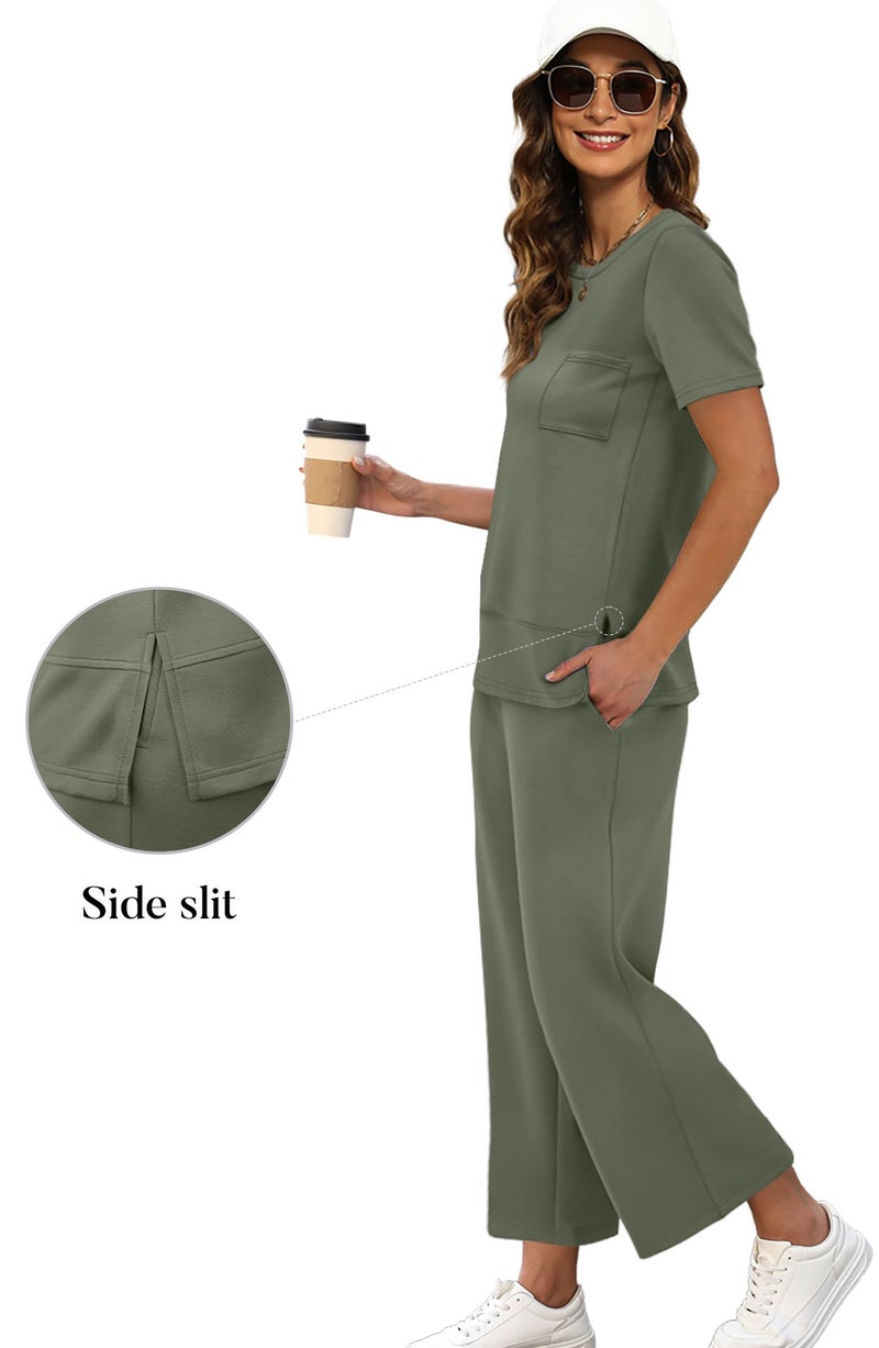 OFEEFAN Airport Outfits for Women Summer 2 Piece Lounge Set Spring Loose Short Sleeve Tracksuit Wide Leg Loungewear Beach Vacation Clothes Travel Clothing Women's Resort Wear Green XL - Image 3