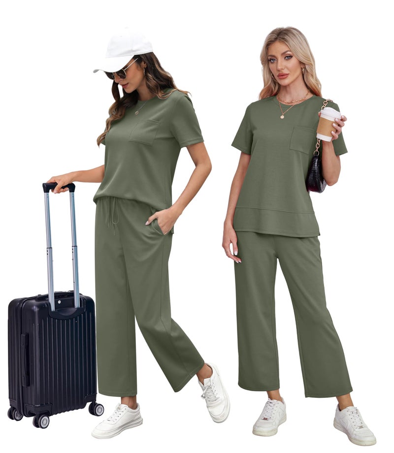 OFEEFAN Airport Outfits for Women Summer 2 Piece Lounge Set Spring Loose Short Sleeve Tracksuit Wide Leg Loungewear Beach Vacation Clothes Travel Clothing Women's Resort Wear Green XL - Image 5