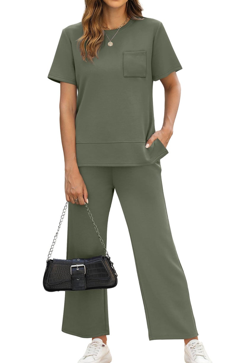 OFEEFAN Airport Outfits for Women Summer 2 Piece Lounge Set Spring Loose Short Sleeve Tracksuit Wide Leg Loungewear Beach Vacation Clothes Travel Clothing Women's Resort Wear Green XL - Image 2