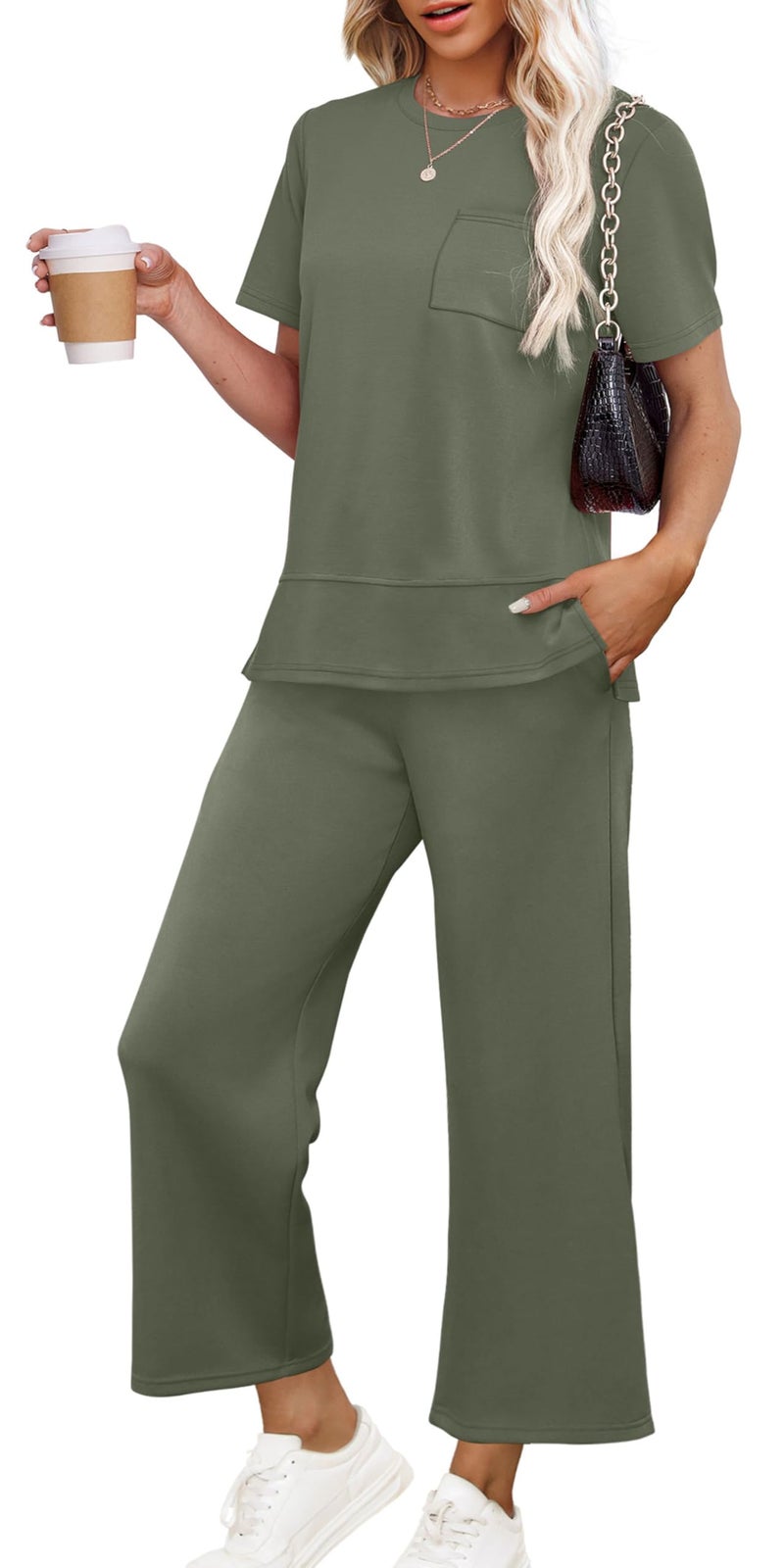 OFEEFAN Airport Outfits for Women Summer 2 Piece Lounge Set Spring Loose Short Sleeve Tracksuit Wide Leg Loungewear Beach Vacation Clothes Travel Clothing Women's Resort Wear Green XL - Image 1