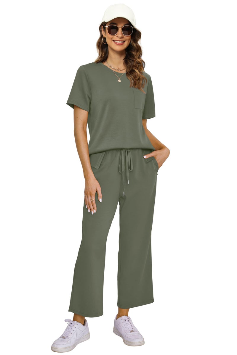 OFEEFAN Airport Outfits for Women Summer 2 Piece Lounge Set Spring Loose Short Sleeve Tracksuit Wide Leg Loungewear Beach Vacation Clothes Travel Clothing Women's Resort Wear Green XL - Image 4