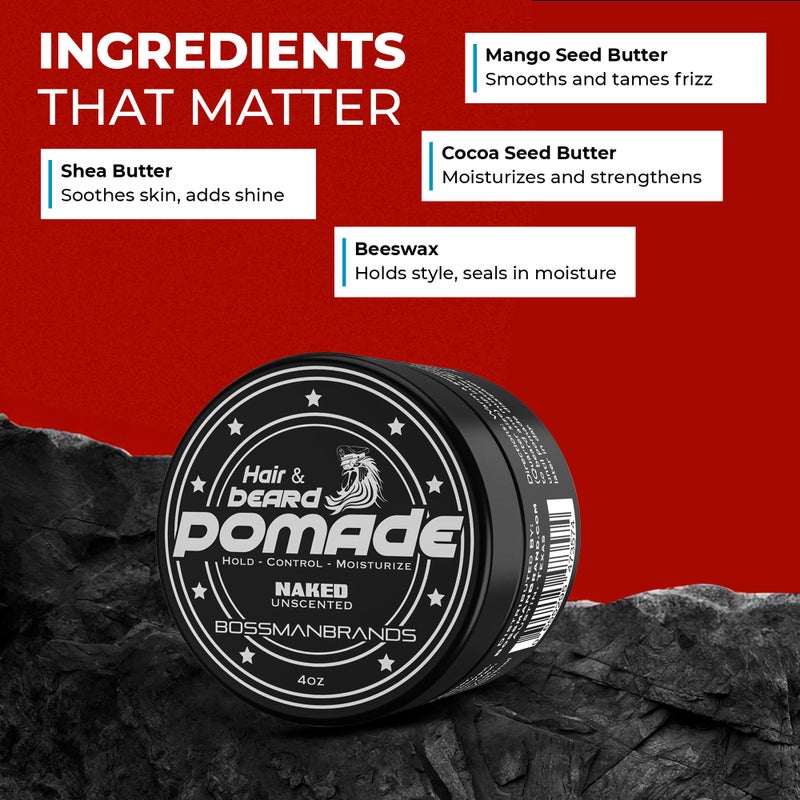 Bossman Hair & Beard Pomade for Men (Naked - Unscented) â€“ Medium Hold & Moisturizing for Hair, Beard & Mustache Styling â€“ Made in USA - Image 3