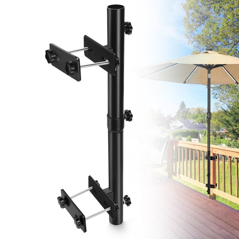 ZZM Patio Umbrella Holder for Deck Railing, Adjustable Deck Umbrella Mount Outdoor, Attachable to Railing Mounting Brackets - Upgraded 3 Screws to Secure Umbrella Handle, Maximizes Deck Space (Dark) - Image 1