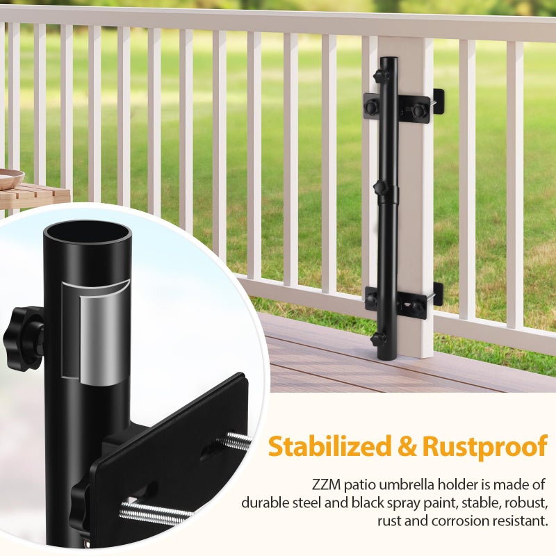 ZZM Patio Umbrella Holder for Deck Railing, Adjustable Deck Umbrella Mount Outdoor, Attachable to Railing Mounting Brackets - Upgraded 3 Screws to Secure Umbrella Handle, Maximizes Deck Space (Dark) - Image 4