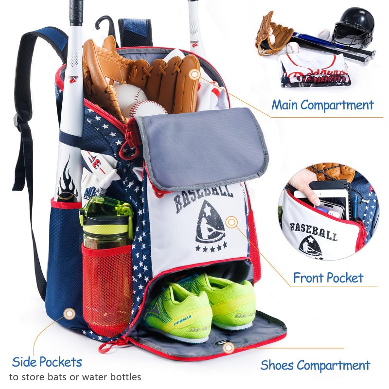 VIGEGARI Baseball & Softball Bag for Youth & Adult with 4 Bat Sleeves, Shoe Compartment, Baseball Backpack for T-Ball, Softball Equipment, Baseball Gear, Boys 8-12 - Image 2