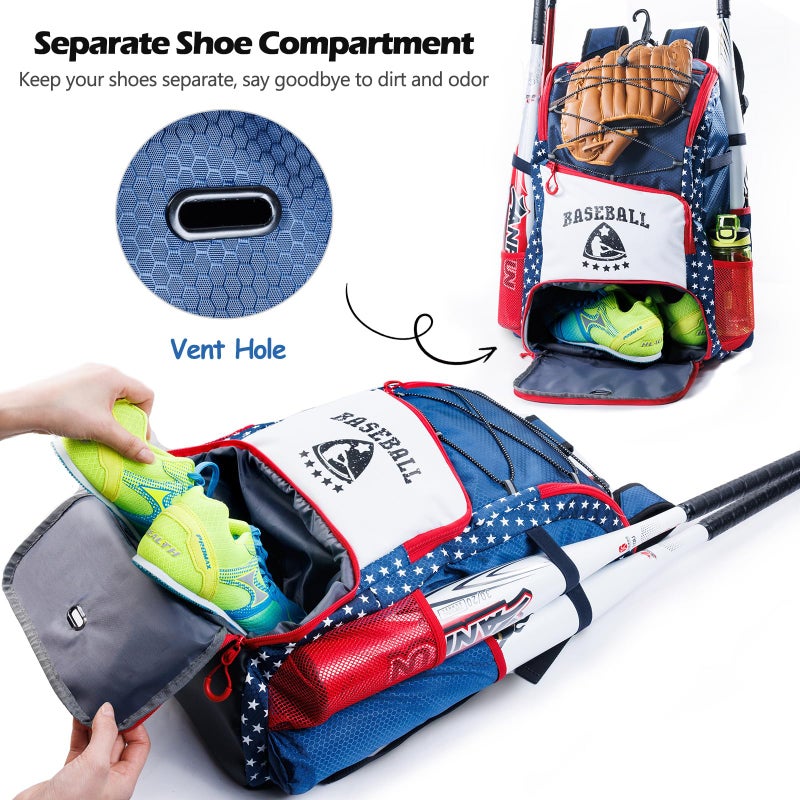 VIGEGARI Baseball & Softball Bag for Youth & Adult with 4 Bat Sleeves, Shoe Compartment, Baseball Backpack for T-Ball, Softball Equipment, Baseball Gear, Boys 8-12 - Image 3