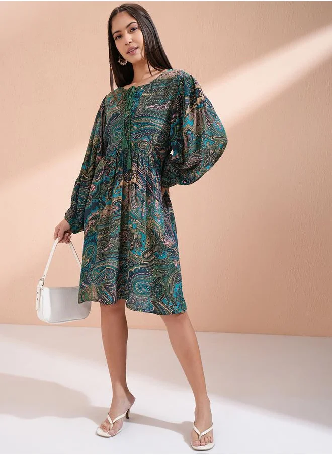 Vishudh Vishudh Women Paisley Print Tie-Up Neck A-Line Knee-Length Dress