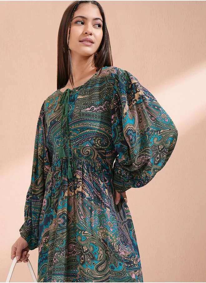 Vishudh Vishudh Women Paisley Print Tie-Up Neck A-Line Knee-Length Dress