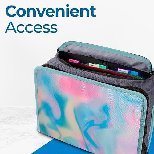 Case it Case-it Mighty Zip Tab School Zipper Binder | 3-Inch O-Rings, 600-Sheet Capacity, 5-Subject Expanding File Folder, Multiple Pockets & Storage Organizer, Shoulder Strap | D-146 Aqua Iridescent Pastel - Image 3