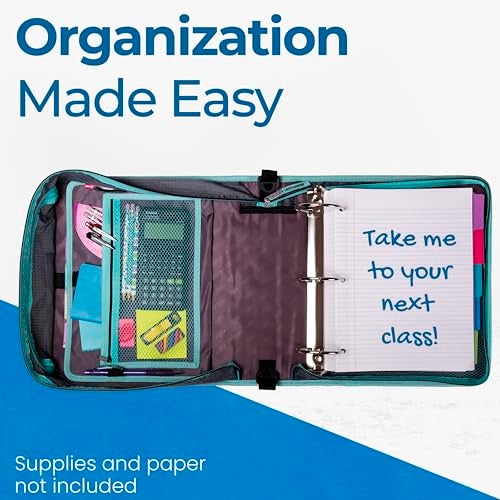 Case it Case-it Mighty Zip Tab School Zipper Binder | 3-Inch O-Rings, 600-Sheet Capacity, 5-Subject Expanding File Folder, Multiple Pockets & Storage Organizer, Shoulder Strap | D-146 Aqua Iridescent Pastel - Image 4