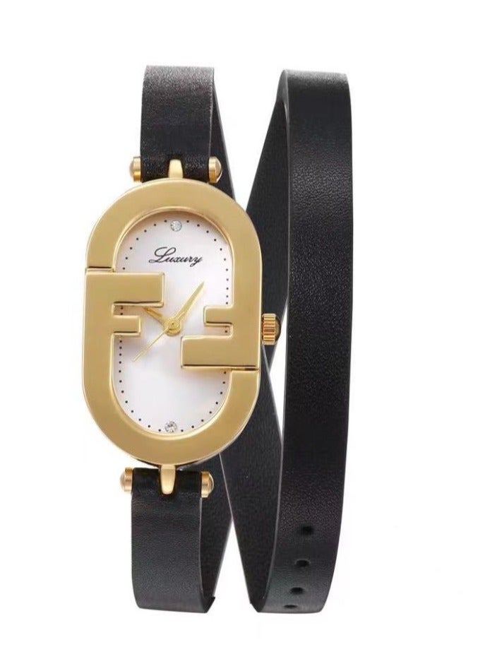 لكجر ساعة نسائية جلدية كوارتز من لوكسري لون أسود, ميناء أبيض