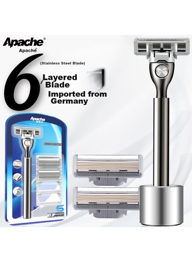 APACHE Apaqi German Imported 6-layer Blade Manual Razor, Manual Shaving Razor, Six-layer Blade Shaver, 1 Handle With 3 Heads And Base - Image 5
