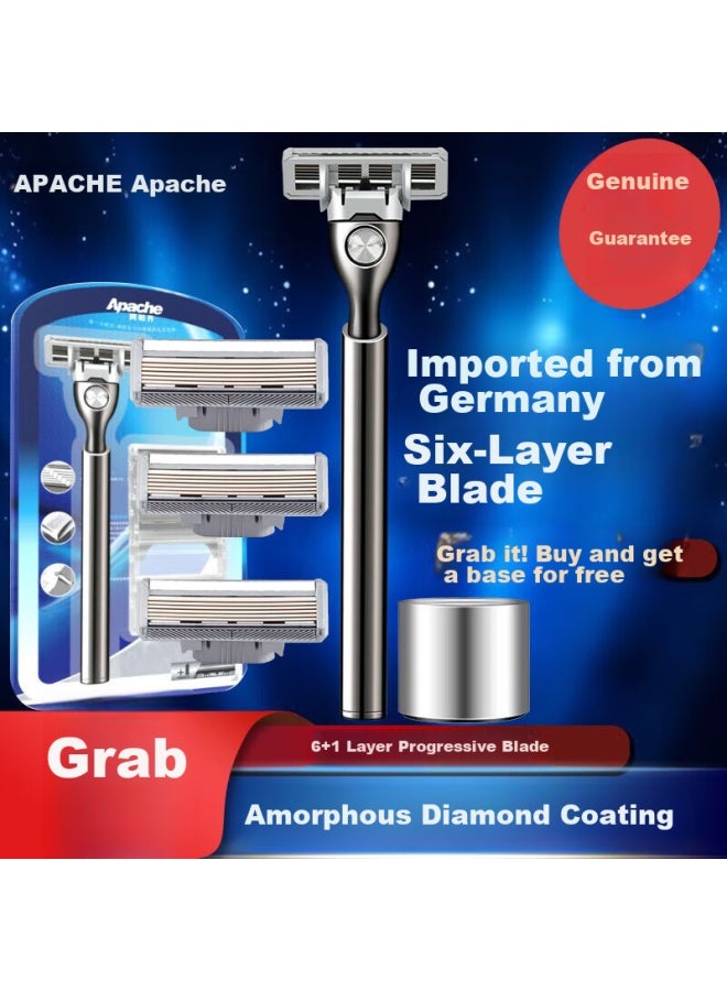 APACHE Apaqi German Imported 6-layer Blade Manual Razor, Manual Shaving Razor, Six-layer Blade Shaver, 1 Handle With 3 Heads And Base - Image 4