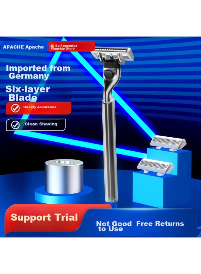 APACHE Apaqi German Imported 6-layer Blade Manual Razor, Manual Shaving Razor, Six-layer Blade Shaver, 1 Handle With 3 Heads And Base - Image 1