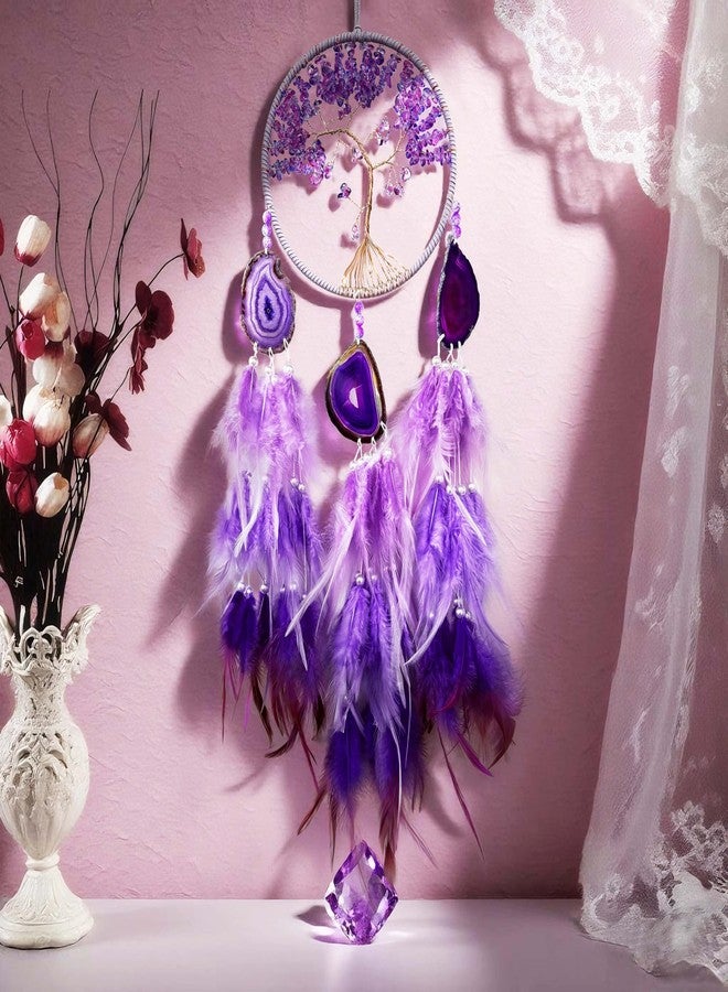 OIOVOIO Large Dream Catcher,Sun Dream Catchers with Chakra Gemstone Agate Stone,Purple Crystal Tree Life,Dream Catcher for Girls,Dream Catchers for Adults,Home Ornaments Craft Gift (Purple) - Image 2