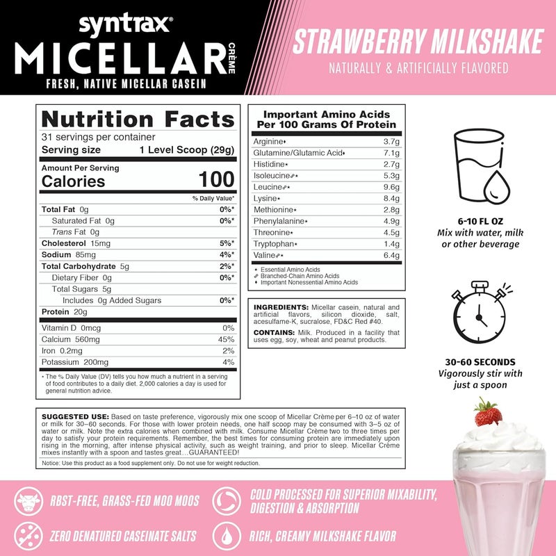Syntrax Micellar Creme Casein Protein Powder - Strawberry Milkshake Flavor, 2.01 lbs - Image 5