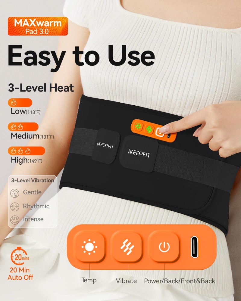 وسادة تدفئة محمولة مع مدلك لتخفيف آلام الظهر: MAXwarm 3.0 IKEEPFIT وسادة حرارية كهربائية لاسلكية لتشنجات الدورة الشهرية كبيرة جدًا 65 بوصة بطارية 8000 مللي أمبير في الساعة هدية للنساء والرجال (أسود) - Image 5