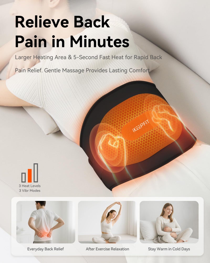 وسادة تدفئة محمولة مع مدلك لتخفيف آلام الظهر: MAXwarm 3.0 IKEEPFIT وسادة حرارية كهربائية لاسلكية لتشنجات الدورة الشهرية كبيرة جدًا 65 بوصة بطارية 8000 مللي أمبير في الساعة هدية للنساء والرجال (أسود) - Image 3