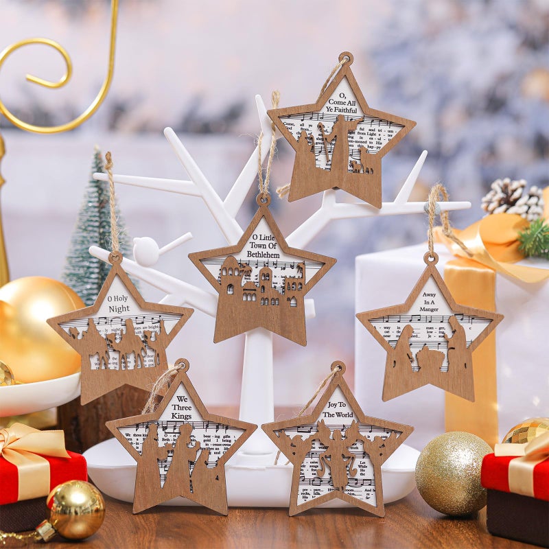 Shellwei 24 Pcs Christmas Nativity Story Wooden Ornaments Set Bulk Christian Music Sheet Nativity Ornament Nativity Scene Hanging Ornaments Xmas Tree Ornaments Religious Gift for Family (Fresh) - Image 4