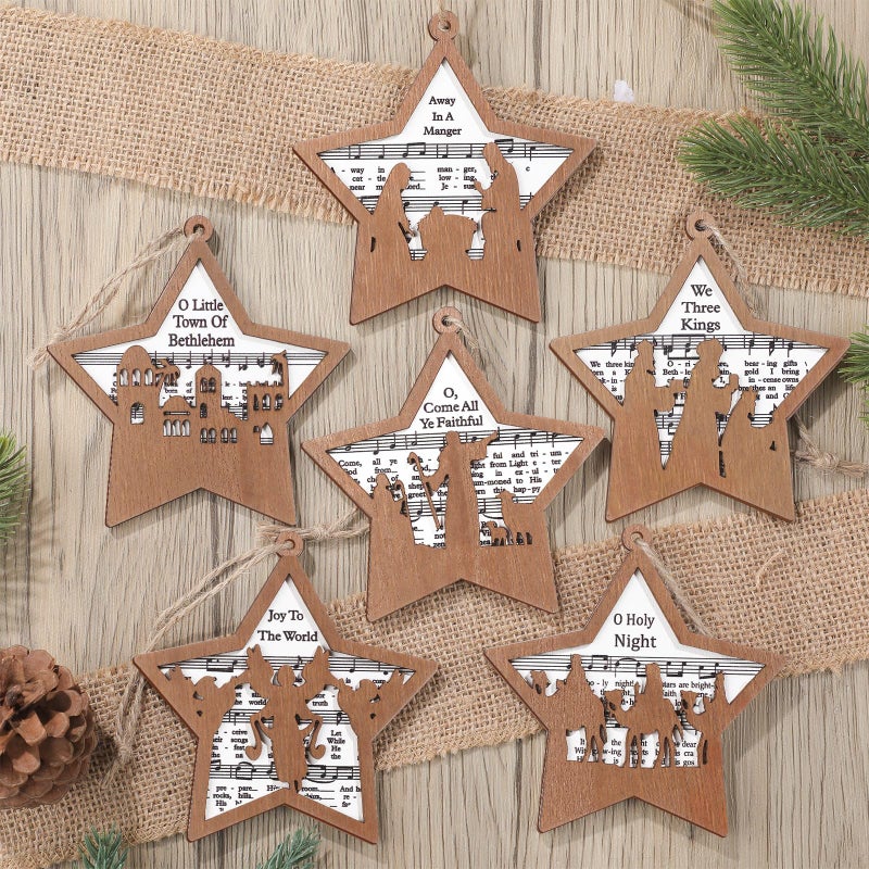 Shellwei 24 Pcs Christmas Nativity Story Wooden Ornaments Set Bulk Christian Music Sheet Nativity Ornament Nativity Scene Hanging Ornaments Xmas Tree Ornaments Religious Gift for Family (Fresh) - Image 1