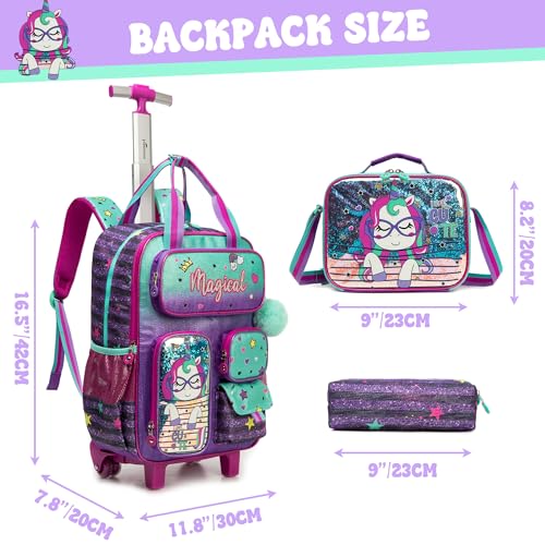 Inprof Unicorn Rolling Backpack for Girls Wheels Backpacks for Elementary Student Kids Wheeled Trolley Trip Luggage with Adjustable Handle - Image 3