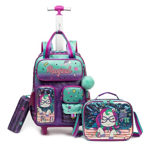Inprof Unicorn Rolling Backpack for Girls Wheels Backpacks for Elementary Student Kids Wheeled Trolley Trip Luggage with Adjustable Handle - Image 1