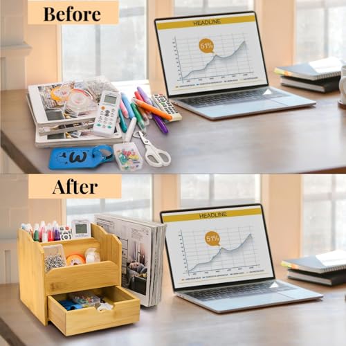 ZAVOOS Bamboo Desk Organizer, Multi Use Tabletop Storage Office Supplies with Drawer Pen Holder, 5 Compartments Heavy Duty Desk Accessories for Home Office Organization, No Assembly Required - Image 5