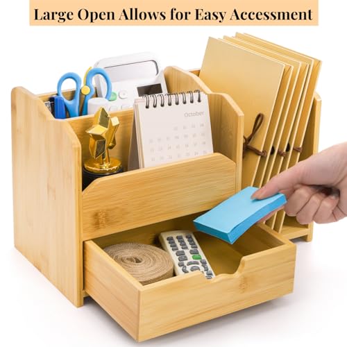 ZAVOOS Bamboo Desk Organizer, Multi Use Tabletop Storage Office Supplies with Drawer Pen Holder, 5 Compartments Heavy Duty Desk Accessories for Home Office Organization, No Assembly Required - Image 3
