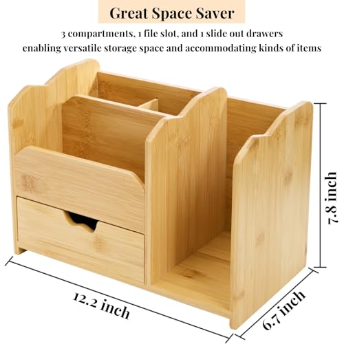 ZAVOOS Bamboo Desk Organizer, Multi Use Tabletop Storage Office Supplies with Drawer Pen Holder, 5 Compartments Heavy Duty Desk Accessories for Home Office Organization, No Assembly Required - Image 2