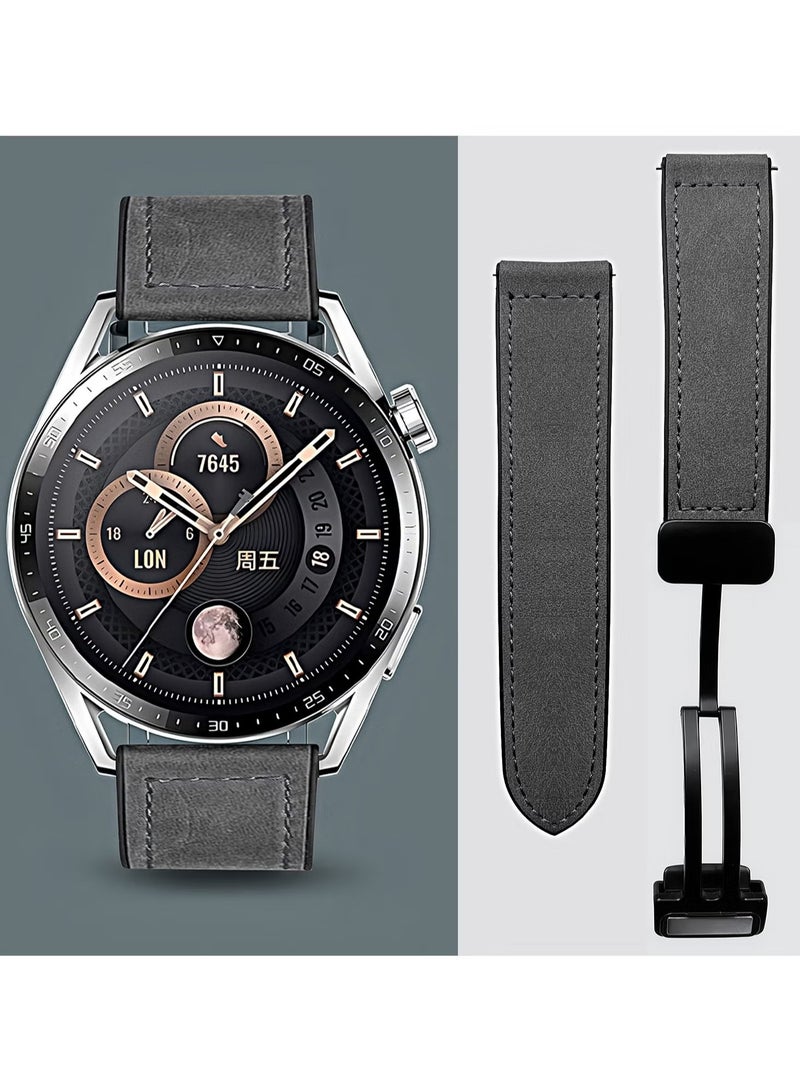 22mm Leather Watch Strap with Magnetic Buckle Design, Compatible with Huawei GT3/4 46mm, GT3 Pro, Huawei Watch 3, GT2e, GT2 Pro, GT2 42/46mm, Samsung Galaxy Watch 3 45mm/Gear S3(Grey)  - Image 1