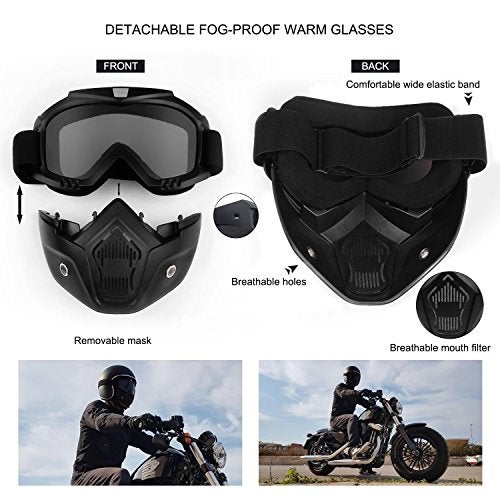 GGBuy Motorcycle Helmet Riding Goggles Glasses with Removable Face Mask,Detachable Fog-proof Warm Goggles Mouth Filter Adjustable Non-slip Strap Vintage Bullet Fight Motocross (black) - Image 5