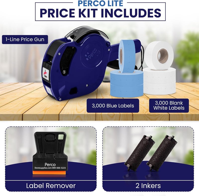 Perco Lite 1 Line Price Gun with Labels Kit - Includes 3 White Rolls, 3 Blue Rolls, 2 Ink Rollers - 1 Ink roll and Labels Pre-Loaded - Image 2