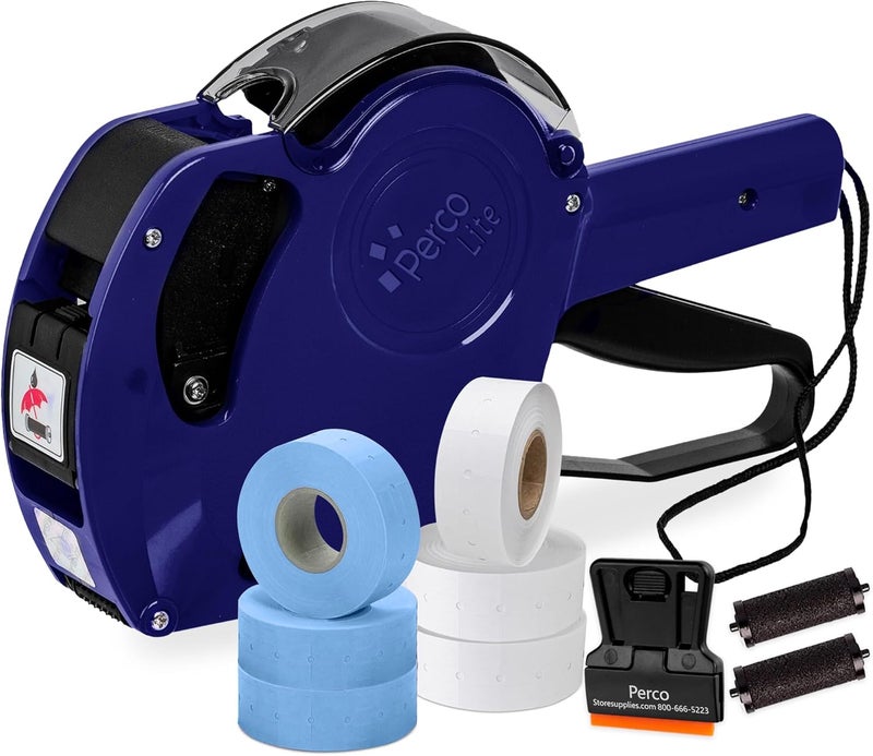 Perco Lite 1 Line Price Gun with Labels Kit - Includes 3 White Rolls, 3 Blue Rolls, 2 Ink Rollers - 1 Ink roll and Labels Pre-Loaded - Image 1