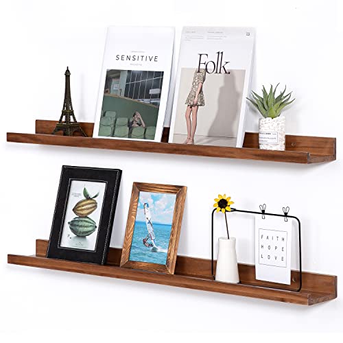 AZSKY Light Walnut Color Wood Wall Floating Shelves for Wall 36 Inch Bookshelf Wall Mount Picture Photo Frames Display Rack with Ledge Decorative Storage Shelves a Set of 2