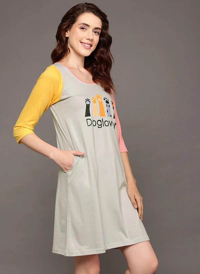 Clovia Clovia Graphic Print Colourblocked Long Sleep Tee in Grey - 100% Cotton