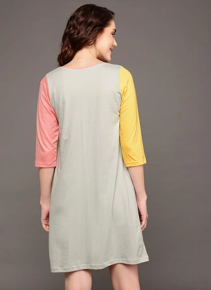 Clovia Grey Clovia Graphic Print Colourblocked Long Sleep Tee in Grey - 100% Cotton for Women | Best Price UAE