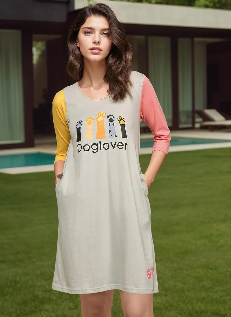 Clovia Clovia Graphic Print Colourblocked Long Sleep Tee in Grey - 100% Cotton