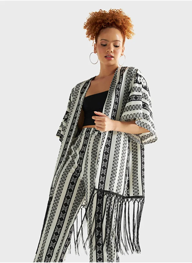 فاف Printed Open Front Kimono With Fringe