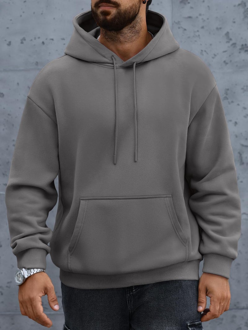 EFAN Mens Oversized Hoodies Fall Sweatshirt Winter Fleece Hooded Collar Drawstring Pullover With Pockets Drak grey L - Image 2