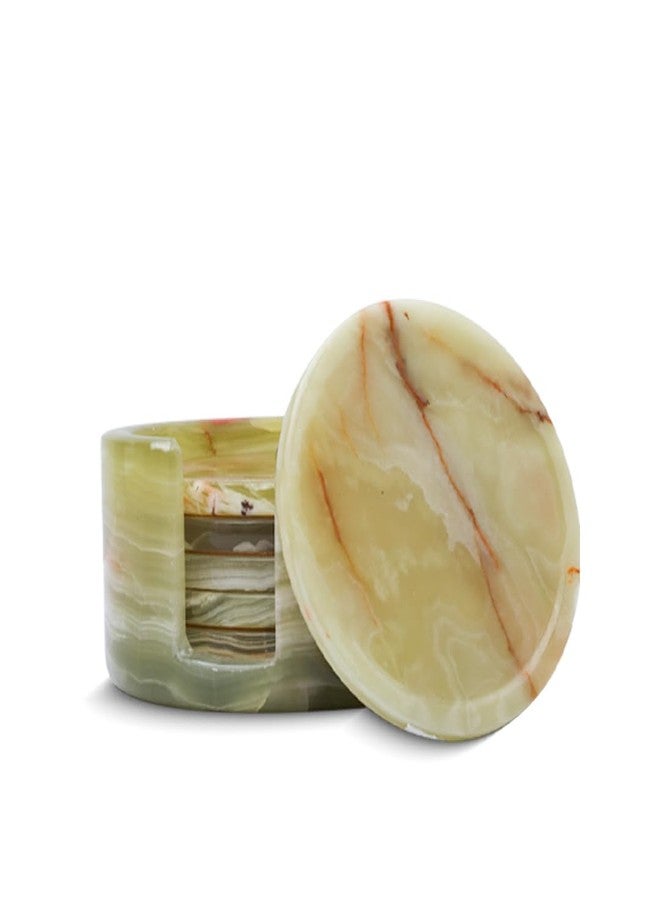 TheWolfard Coaster Set with Holder - Round Stone Coasters for Desk & Table - 4 Inch - Handmade Stone - Non-Slip Anti Scratch Pad (Multi Green) - Image 1