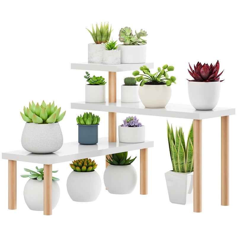 OcBuct Small Plant Stand Shelf ,3 Tiers Wood Long Desktop Flower Pot Holder Racks for Window Sill,Table ,Countertop Organizer Display Stand Shelves (Angle Adjustable,White) - Image 1