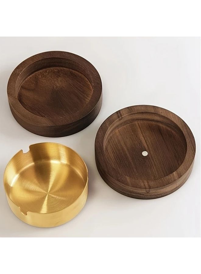 Round Solid Wood Ashtray with Lid Silvery Color Stainless Steel Anti Spill - Image 5