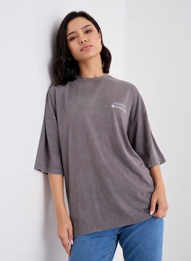 Styli Styli Acid Washed Graphic Print Oversized T-Shirt