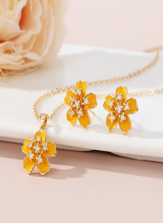 EVEVIC Fashion Cherry Blossom Necklace Earrings Set for Women 18K Gold Plated Hypoallergenic Sakura Flower Jewelry Set (Yellow) - Image 5