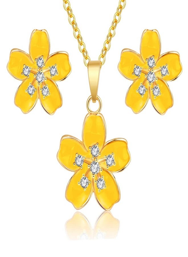 EVEVIC Fashion Cherry Blossom Necklace Earrings Set for Women 18K Gold Plated Hypoallergenic Sakura Flower Jewelry Set (Yellow) - Image 1