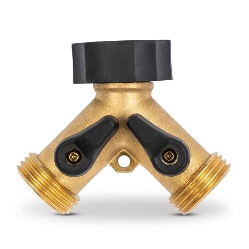 Gilmour Heavy Duty 2 Way Garden Hose Splitter, Dual Water Hose Splitter with Shut Off Valve, Brass Water Manifold - Image 1