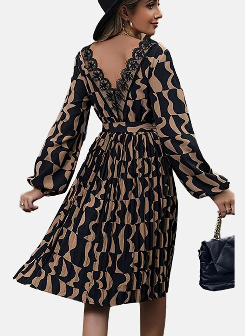يونيكي Brown Abstract Printed Flared V-Neck A-Line Midi Dress